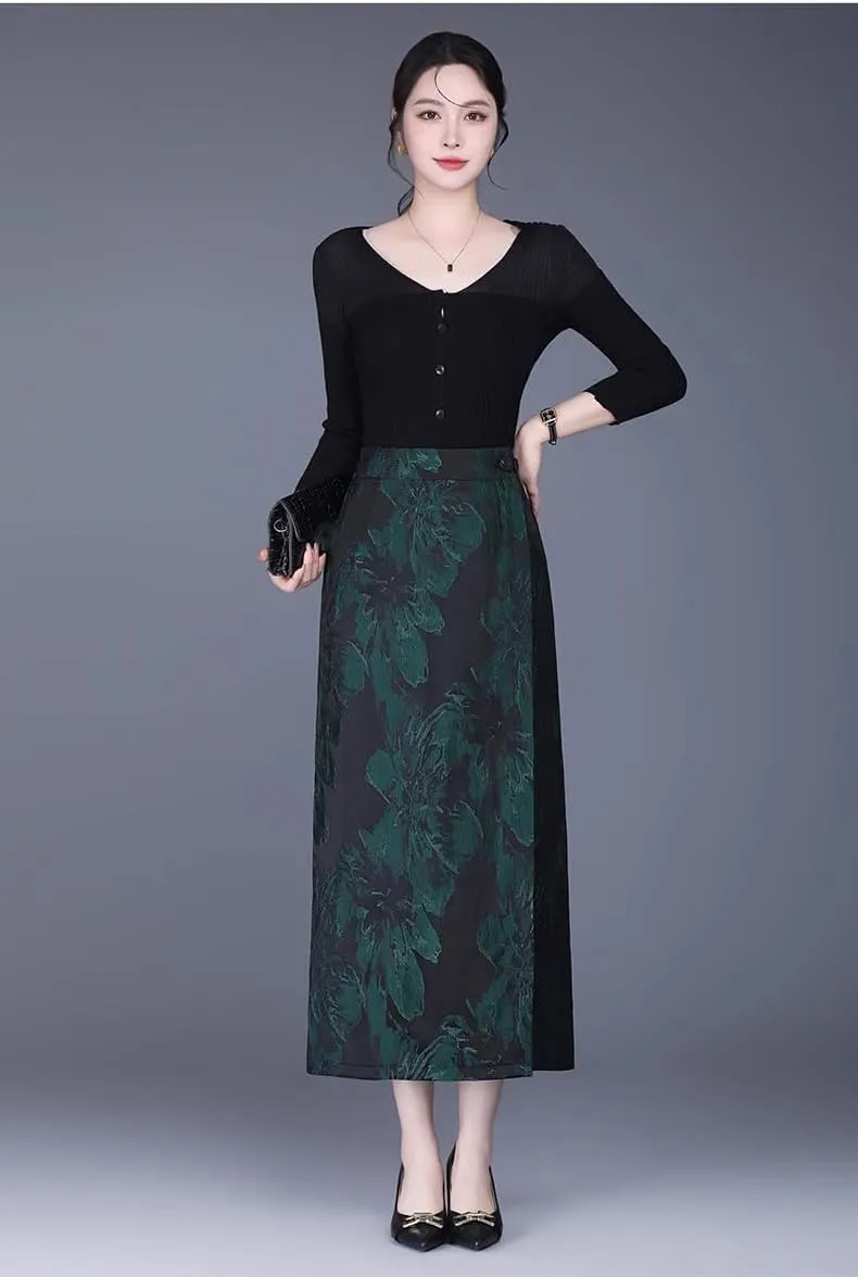 Women's Skirt Spring High Waist Straight Mid-Length Chinese Style Skirts for Women