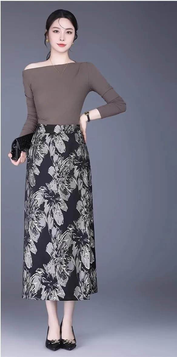 Women's Skirt Spring High Waist Straight Mid-Length Chinese Style Skirts for Women