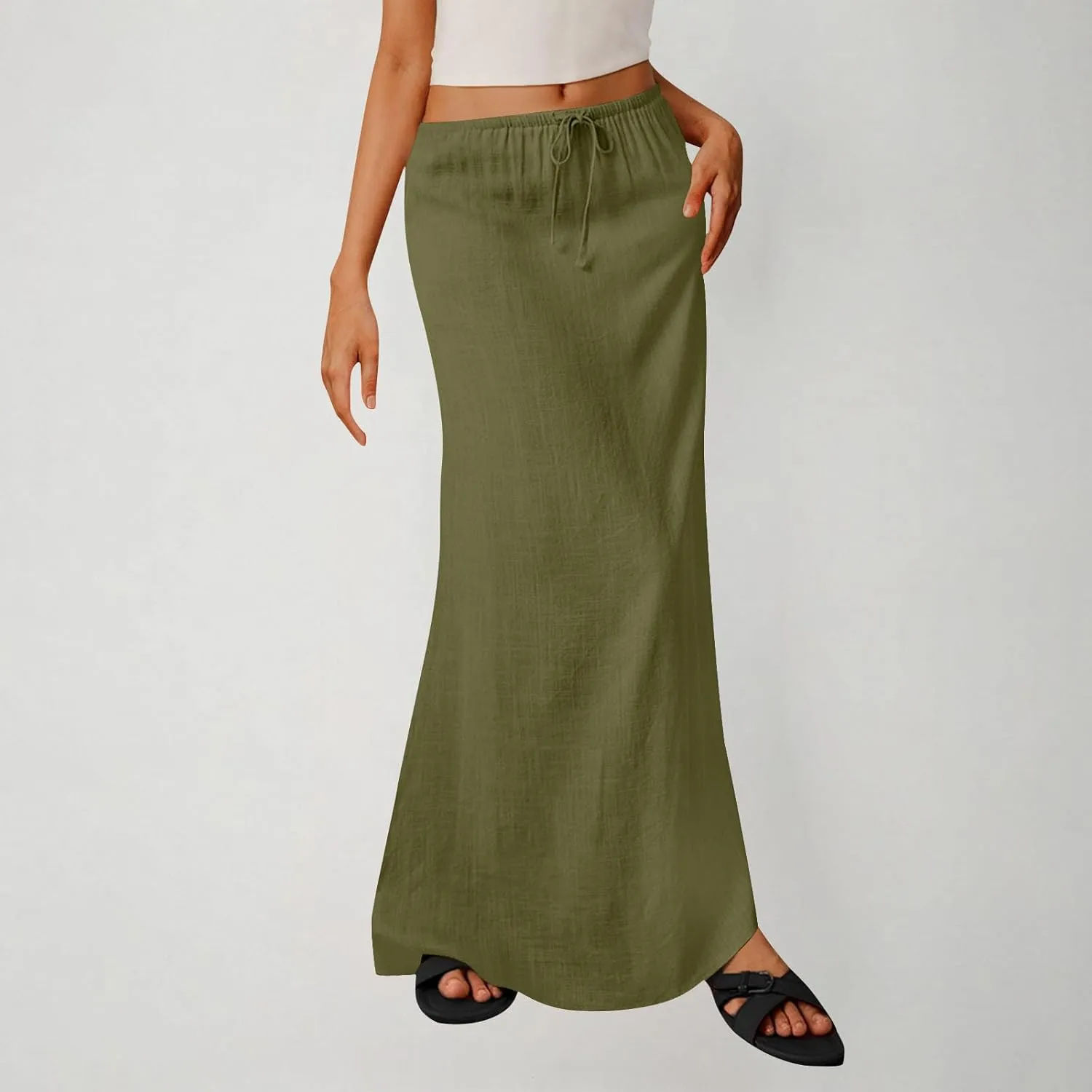Women's Skirts Casual Solid Color Drawstring High Waist Flowy A Line Beach Long Maxi Skirt Summer Outfits Clothes
