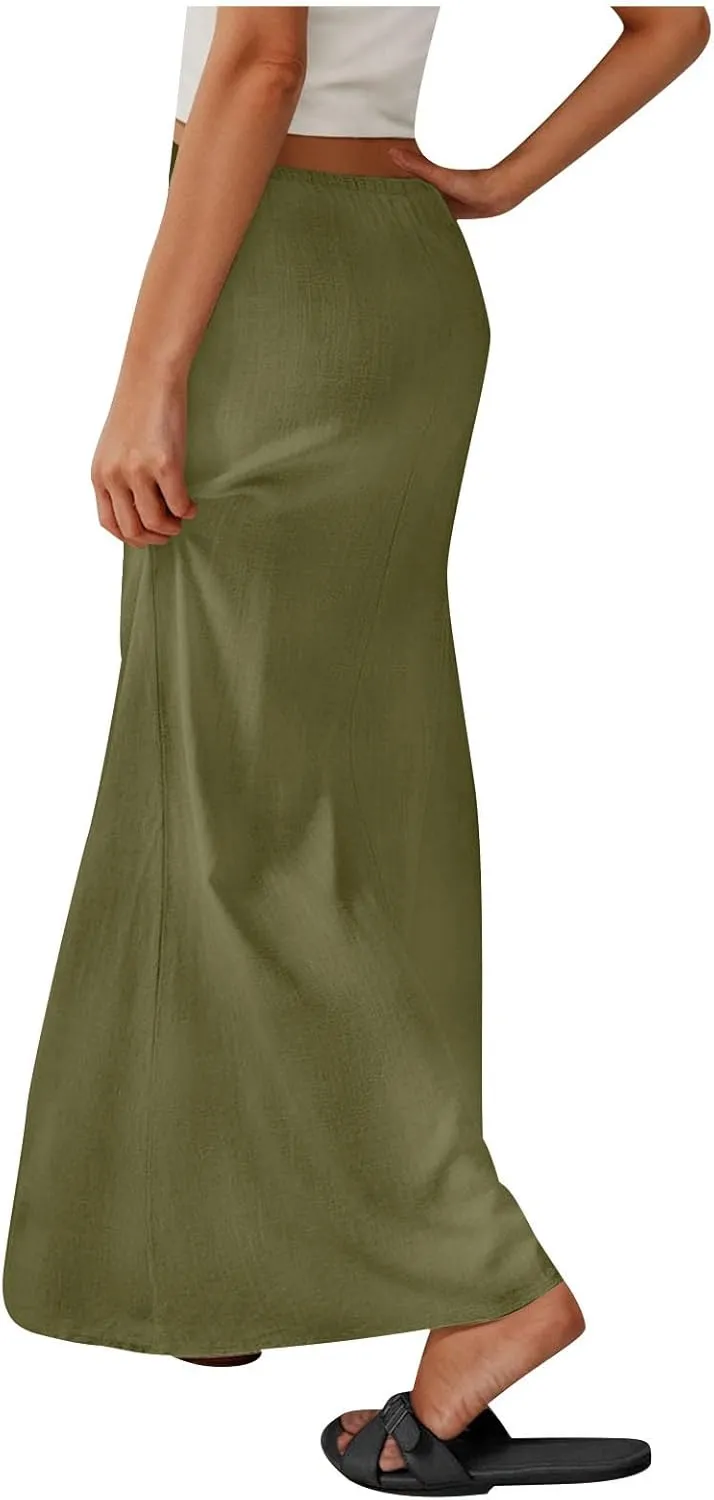 Women's Skirts Casual Solid Color Drawstring High Waist Flowy A Line Beach Long Maxi Skirt Summer Outfits Clothes
