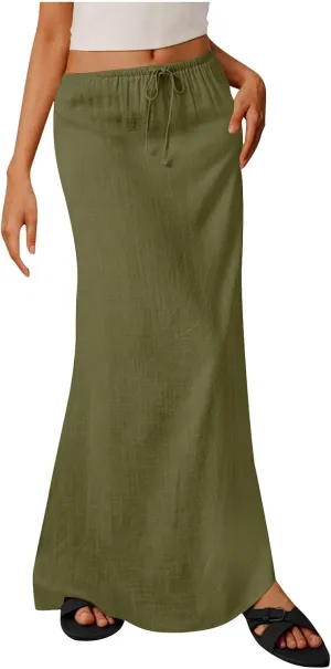Women's Skirts Casual Solid Color Drawstring High Waist Flowy A Line Beach Long Maxi Skirt Summer Outfits Clothes