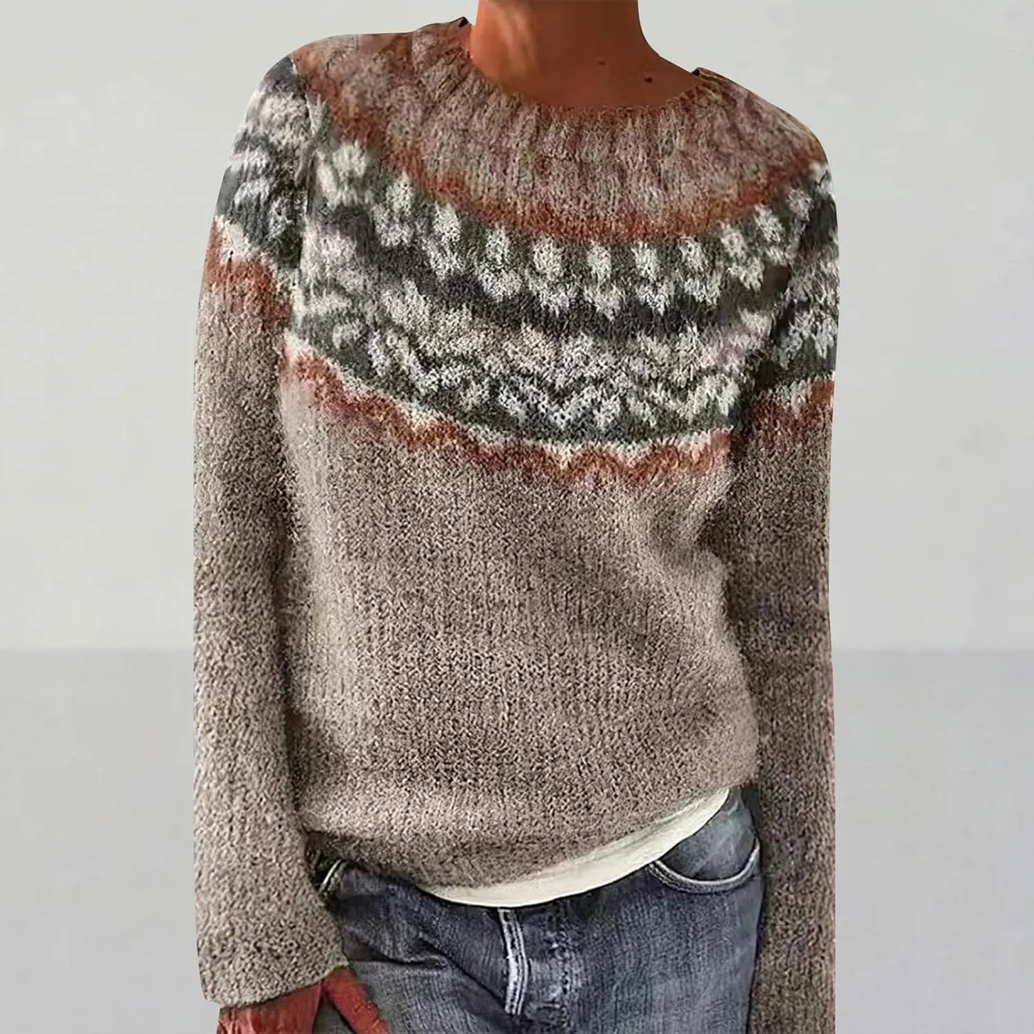 Women's Soft-Touch Fair Isle Pattern Sweater Women's Knitted Isle Print Retro Sweater Casual Loose Crewneck Long