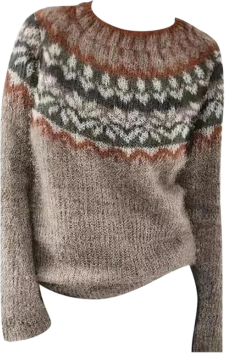 Women's Soft-Touch Fair Isle Pattern Sweater Women's Knitted Isle Print Retro Sweater Casual Loose Crewneck Long