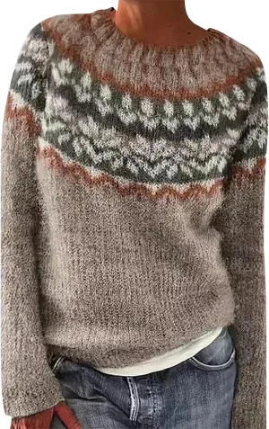 Women's Soft-Touch Fair Isle Pattern Sweater Women's Knitted Isle Print Retro Sweater Casual Loose Crewneck Long