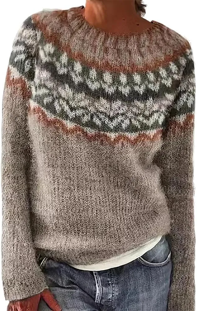Women's Soft-Touch Fair Isle Pattern Sweater Women's Knitted Isle Print Retro Sweater Casual Loose Crewneck Long