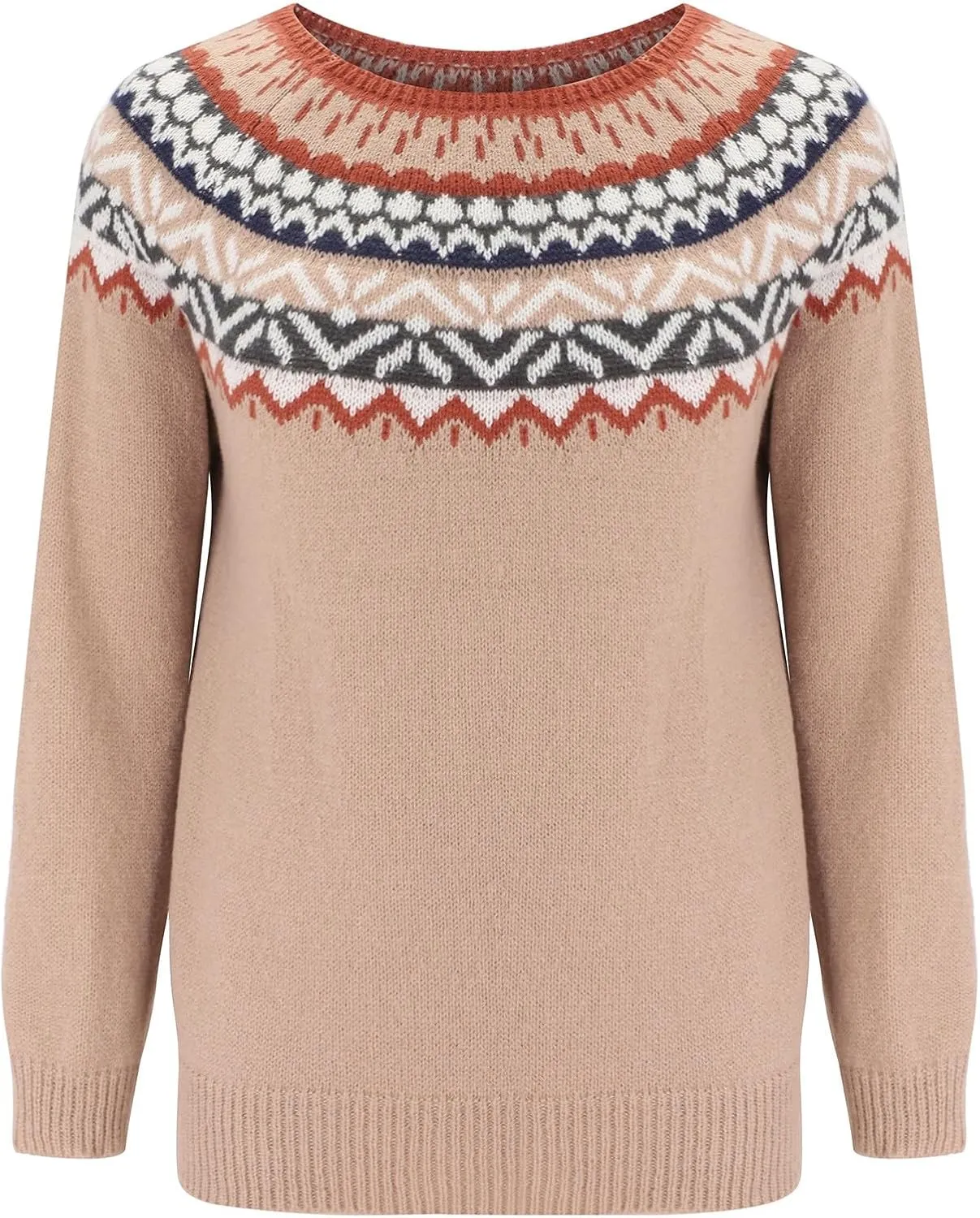 Women's Soft-Touch Fair Isle Pattern Sweater Women's Knitted Isle Print Retro Sweater Casual Loose Crewneck Long