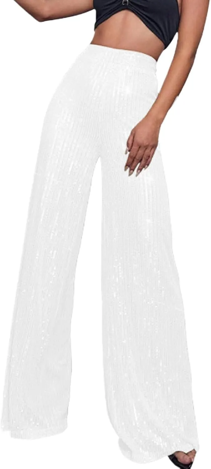 Women's Sparkling Sequins Flared Pants High Waisted Casual Wide Leg Palazzo Trousers Straight Suit Nightclub Pants