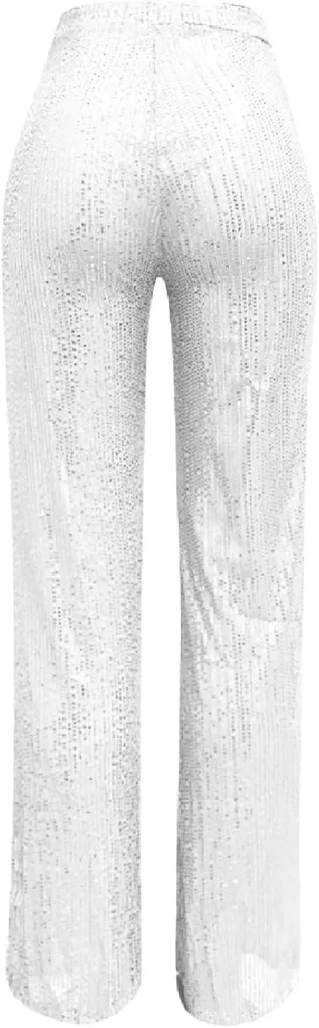 Women's Sparkling Sequins Flared Pants High Waisted Casual Wide Leg Palazzo Trousers Straight Suit Nightclub Pants