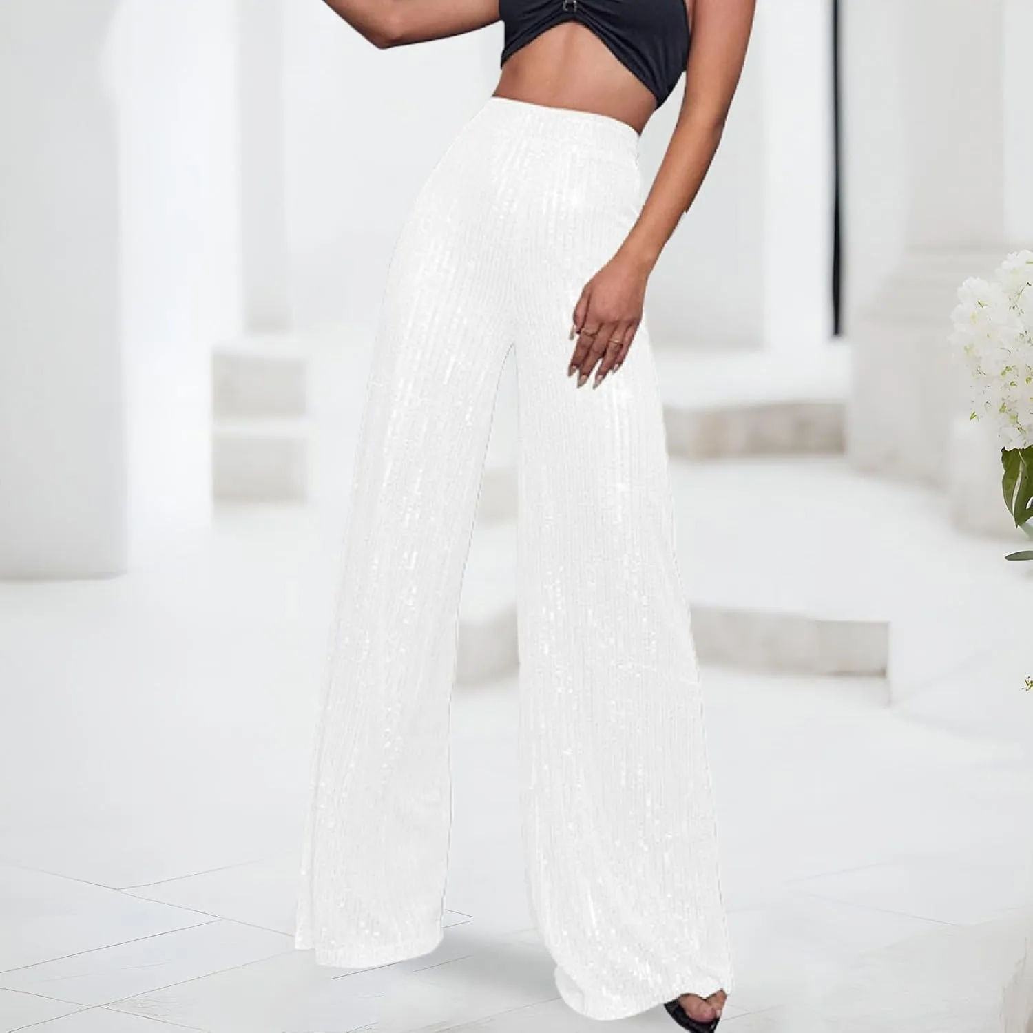 Women's Sparkling Sequins Flared Pants High Waisted Casual Wide Leg Palazzo Trousers Straight Suit Nightclub Pants
