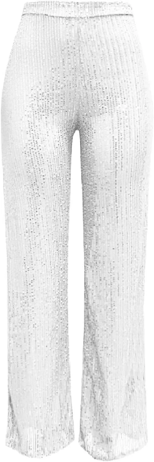 Women's Sparkling Sequins Flared Pants High Waisted Casual Wide Leg Palazzo Trousers Straight Suit Nightclub Pants