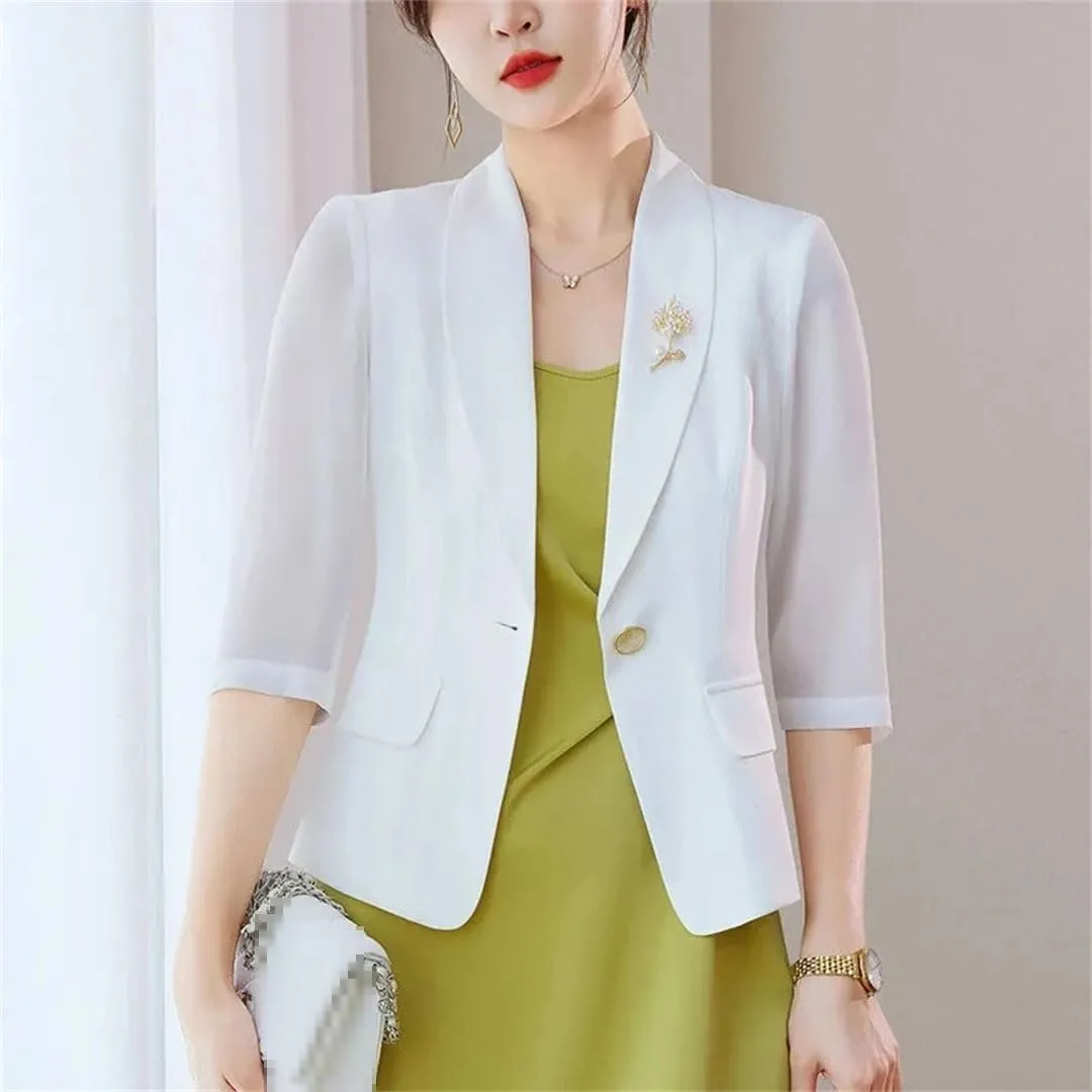Women's Spring Autumn Short Suit Jacket Thin Small Blazer Coat Elegant Chiffon Lady Outerwear