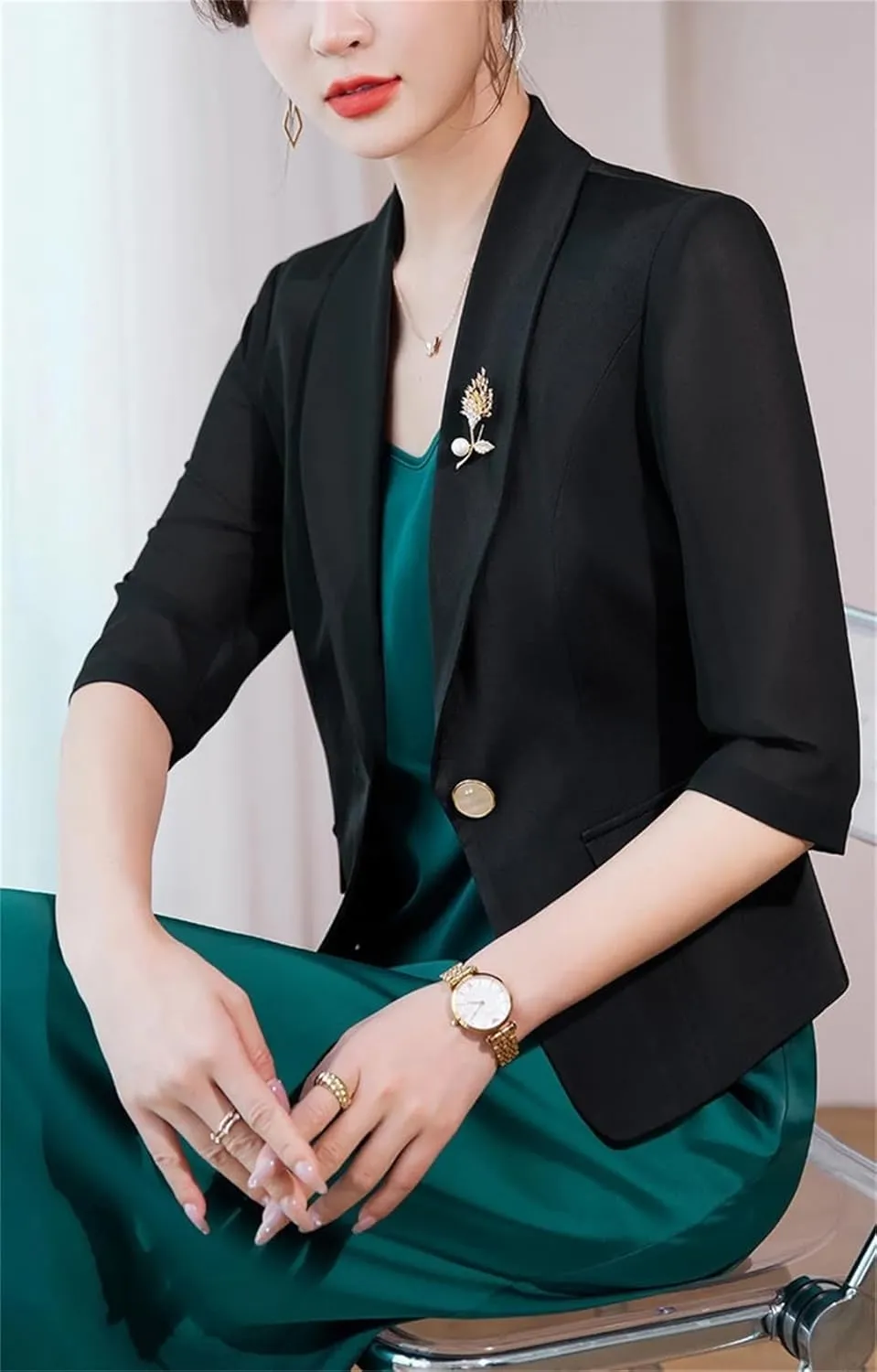 Women's Spring Autumn Short Suit Jacket Thin Small Blazer Coat Elegant Chiffon Lady Outerwear