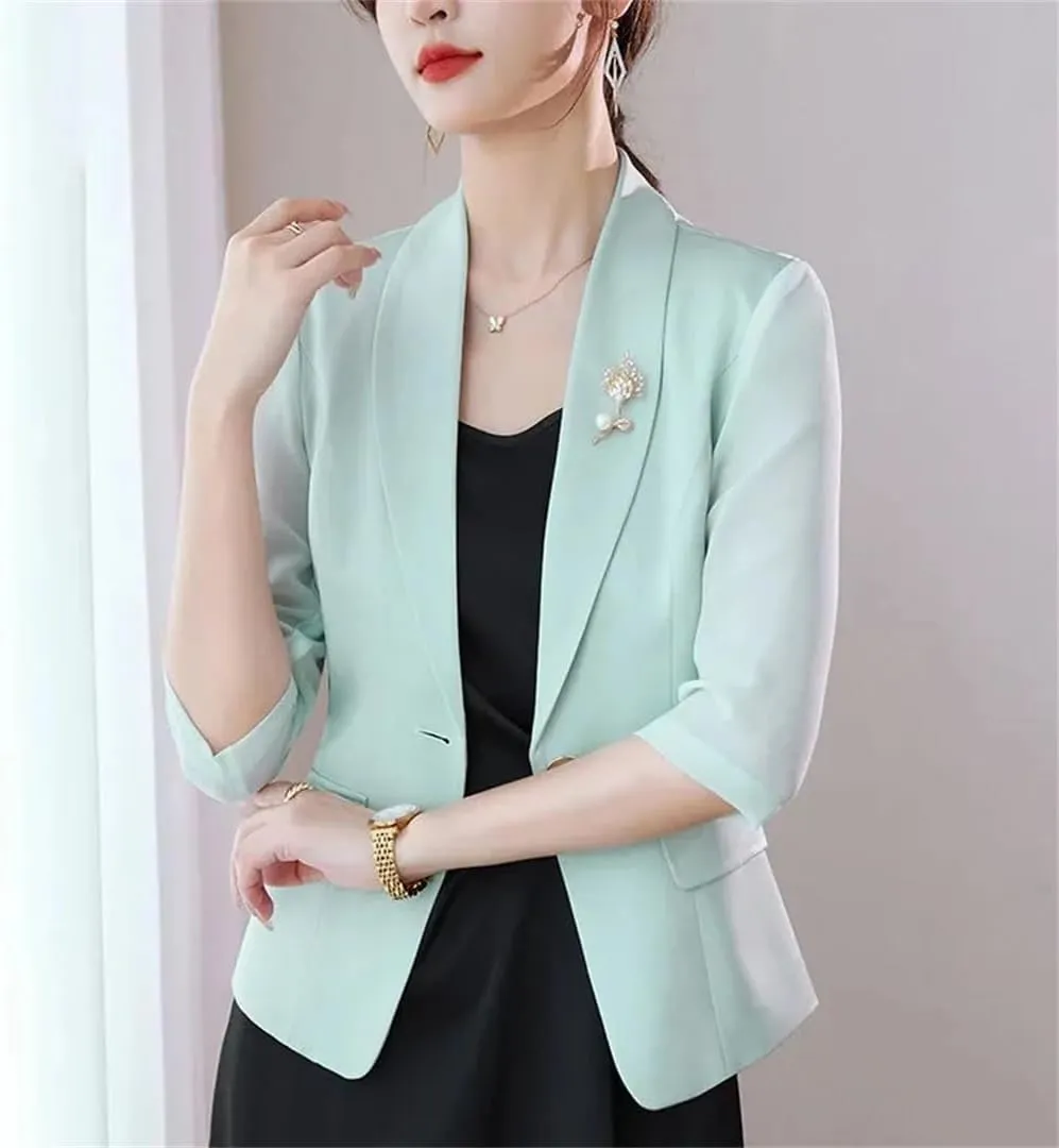 Women's Spring Autumn Short Suit Jacket Thin Small Blazer Coat Elegant Chiffon Lady Outerwear