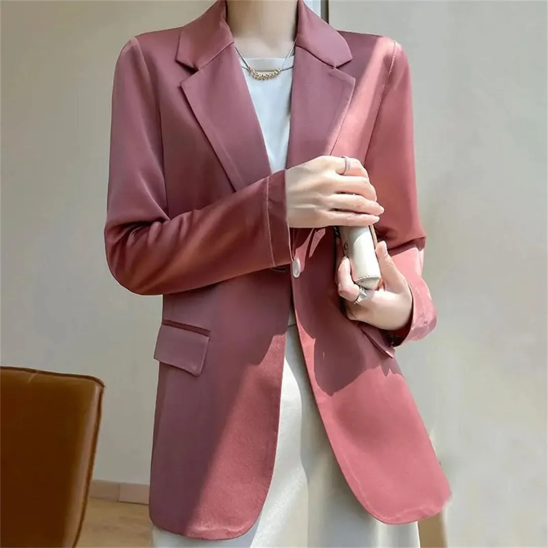 Women's Spring Summer Satin Long Sleeve Suit Jacket Solid Color Loose Small Blazer Outerwear