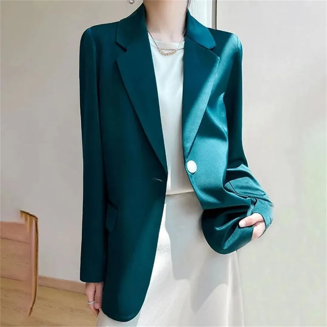 Women's Spring Summer Satin Long Sleeve Suit Jacket Solid Color Loose Small Blazer Outerwear