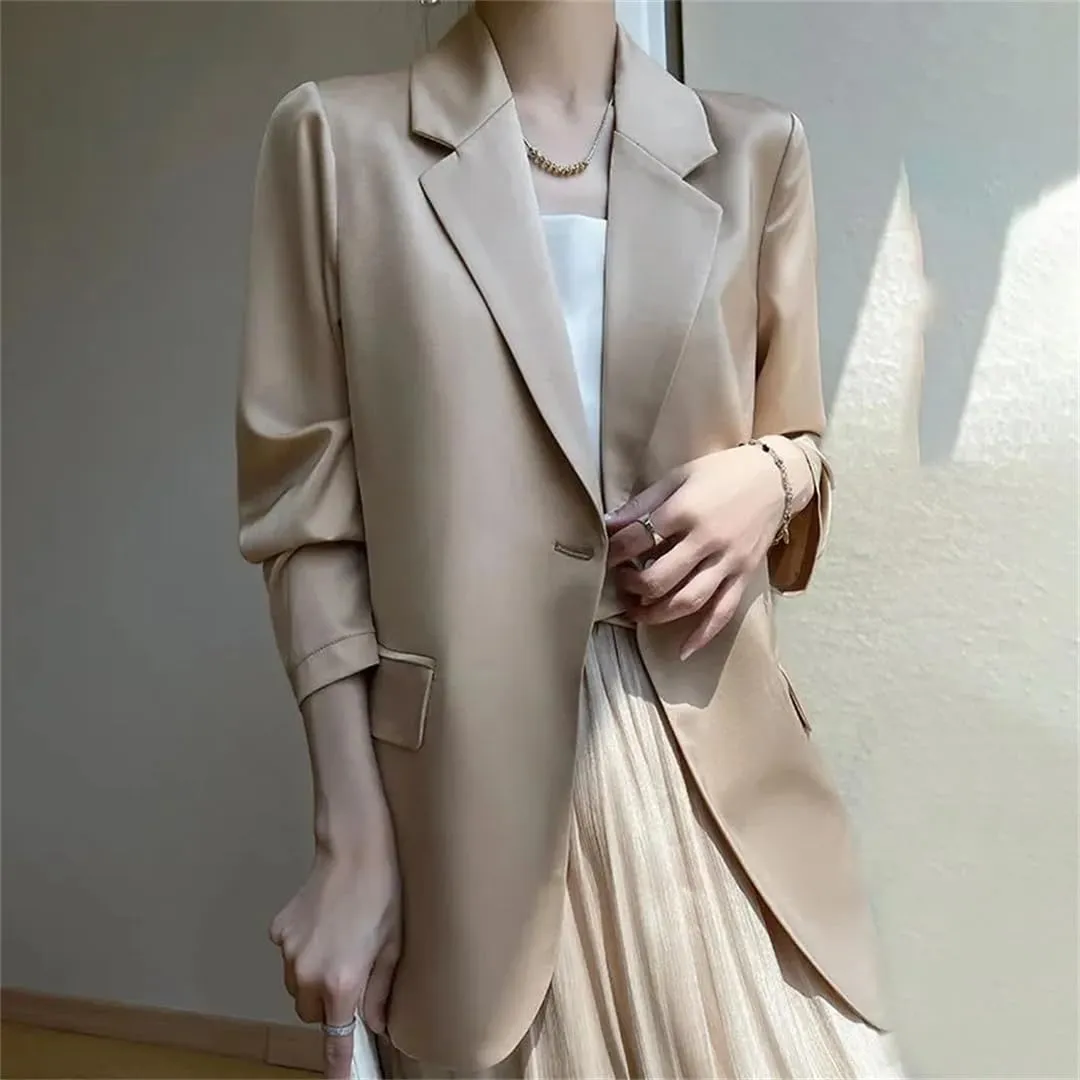 Women's Spring Summer Satin Long Sleeve Suit Jacket Solid Color Loose Small Blazer Outerwear