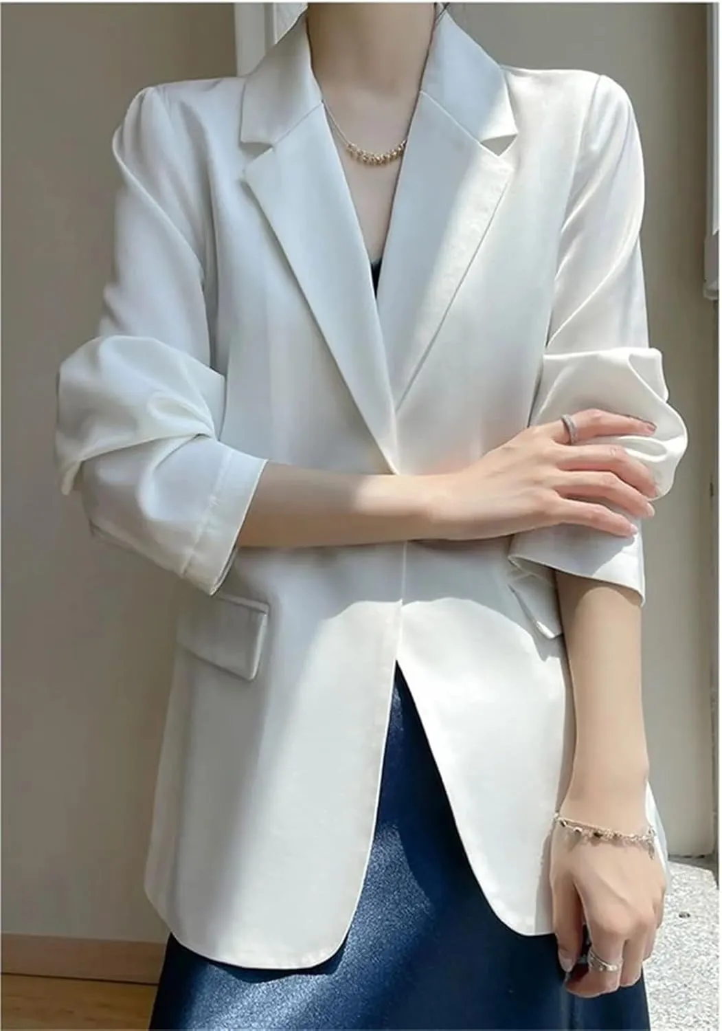 Women's Spring Summer Satin Long Sleeve Suit Jacket Solid Color Loose Small Blazer Outerwear