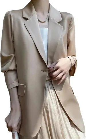 Women's Spring Summer Satin Long Sleeve Suit Jacket Solid Color Loose Small Blazer Outerwear