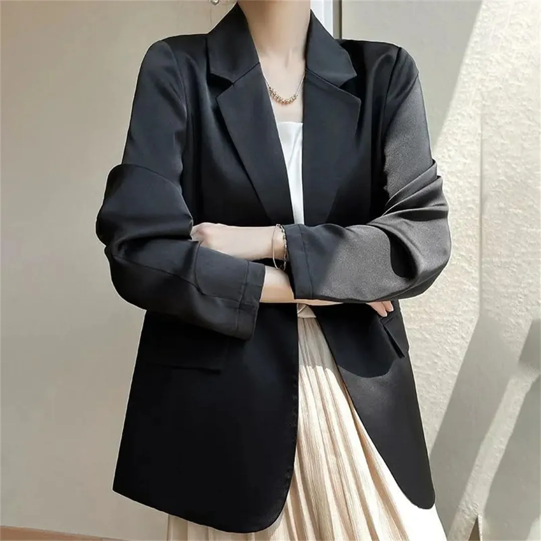 Women's Spring Summer Satin Long Sleeve Suit Jacket Solid Color Loose Small Blazer Outerwear