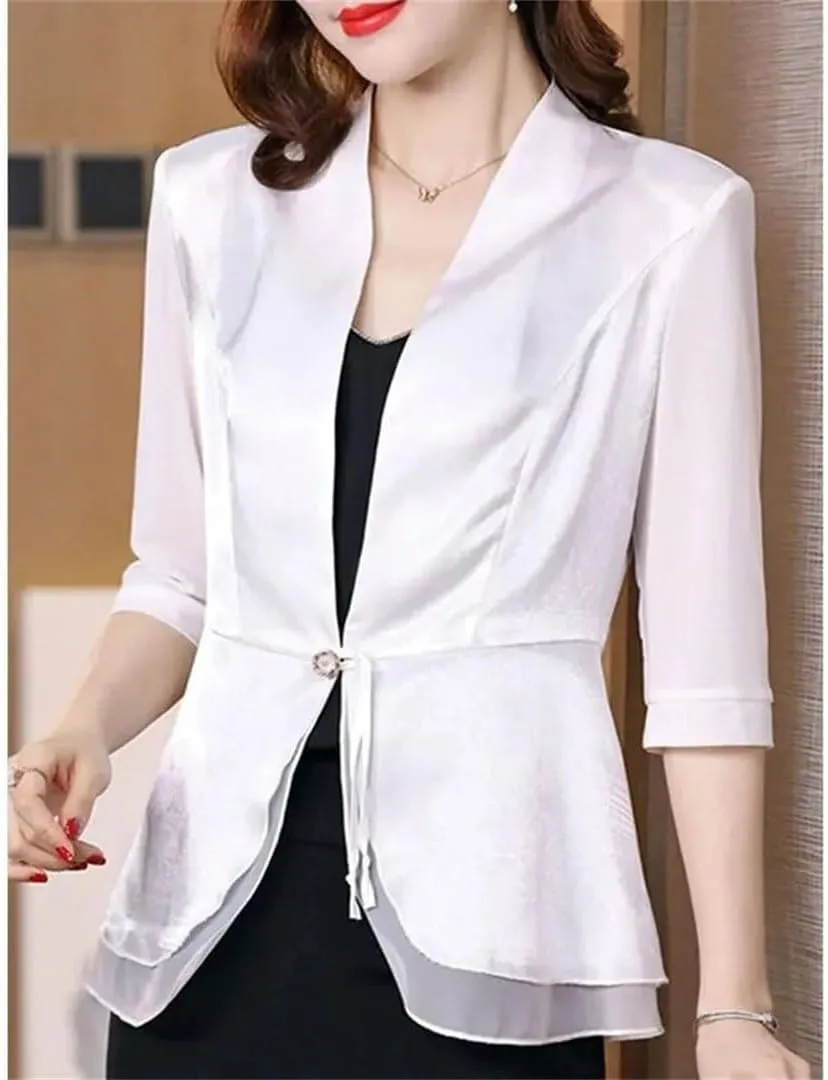 Women's Spring Summer Short Blazer Satin Stitching Mesh Half Sleeve Thin Suit Jacket