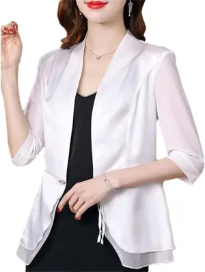 Women's Spring Summer Short Blazer Satin Stitching Mesh Half Sleeve Thin Suit Jacket
