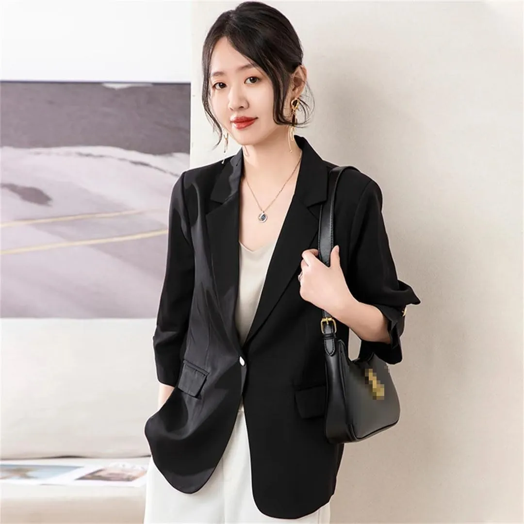 Women's Spring Summer Single Button Blazer Three-Quarter Sleeve Thin Loose Sun Protection Coat