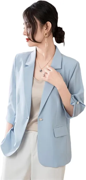 Women's Spring Summer Single Button Blazer Three-Quarter Sleeve Thin Loose Sun Protection Coat