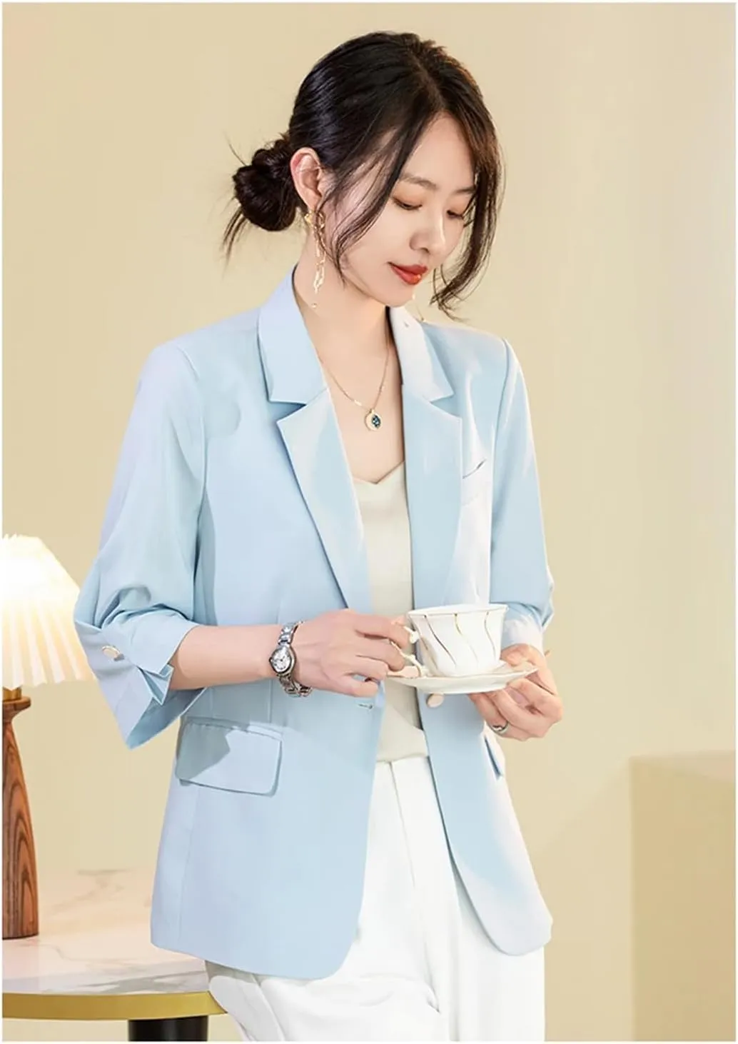 Women's Spring Summer Single Button Blazer Three-Quarter Sleeve Thin Loose Sun Protection Coat
