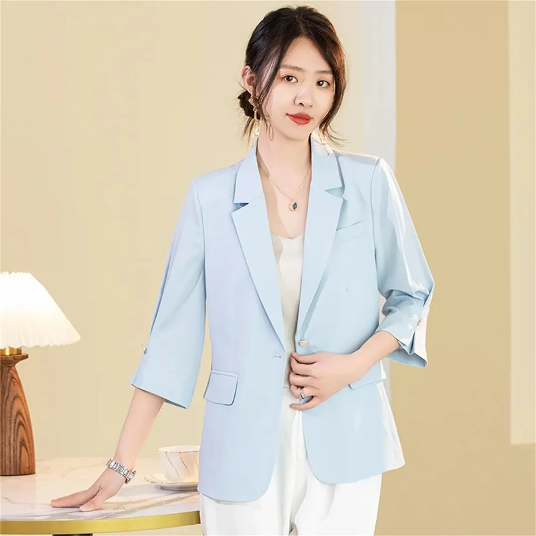Women's Spring Summer Single Button Blazer Three-Quarter Sleeve Thin Loose Sun Protection Coat