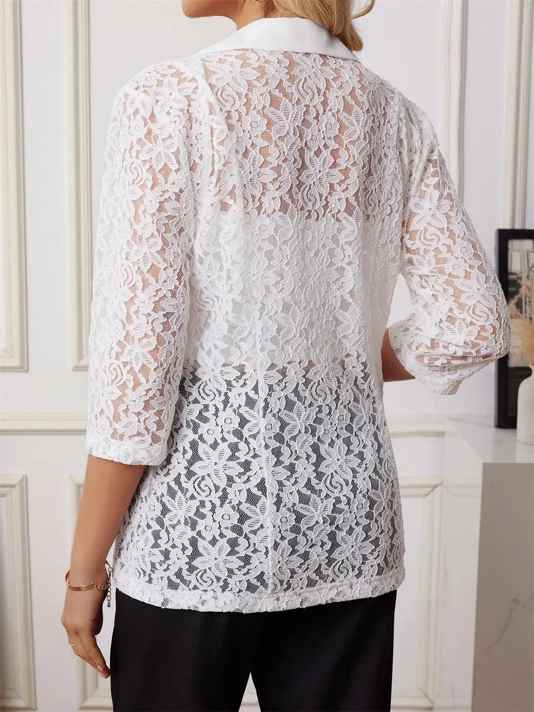 Women's Spring Summer Small Suit Jacket White Lace Patchwork Business Casual Lapel Button Blazer Coat