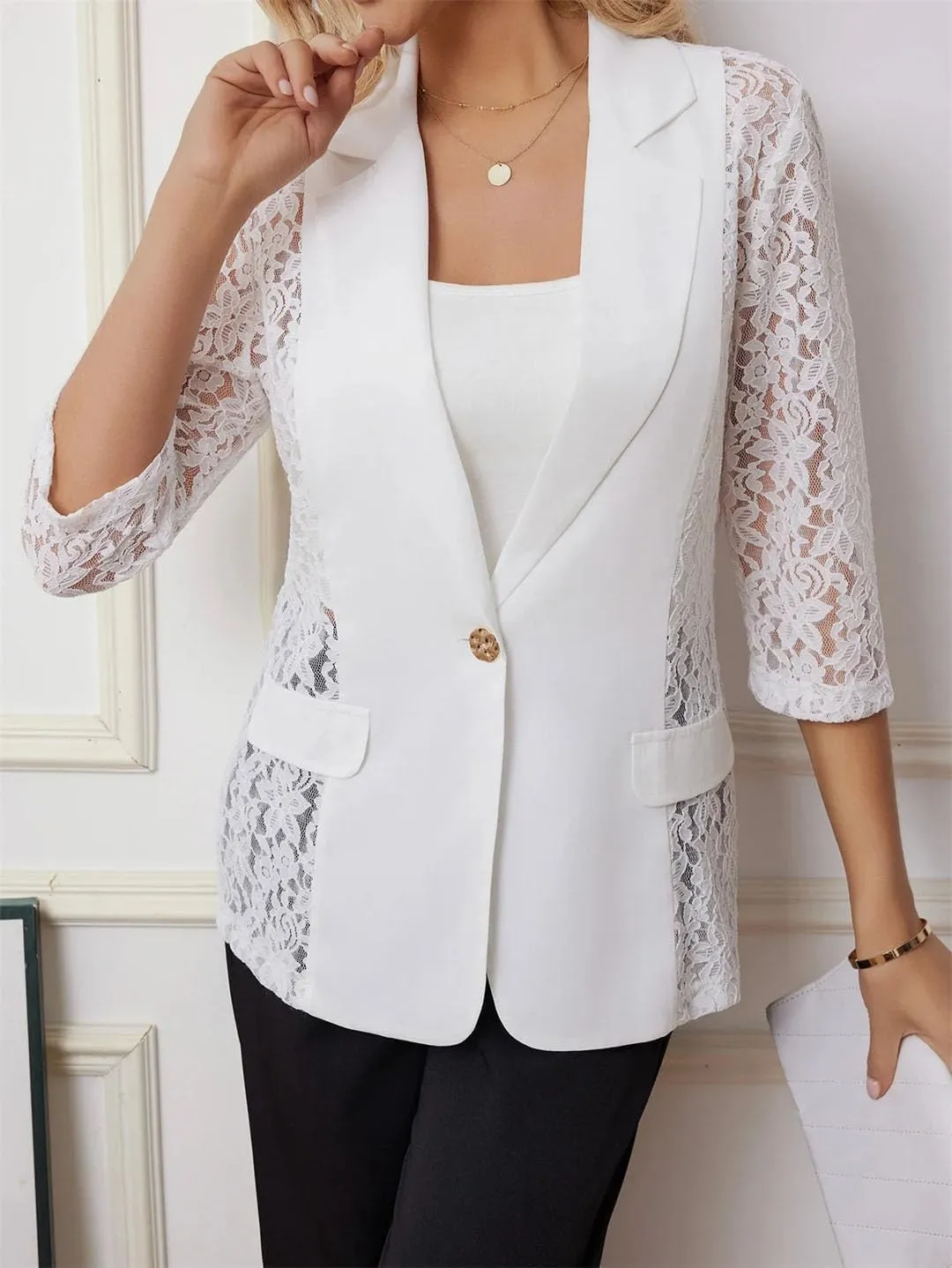 Women's Spring Summer Small Suit Jacket White Lace Patchwork Business Casual Lapel Button Blazer Coat