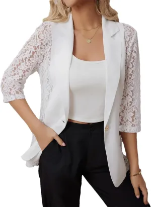 Women's Spring Summer Small Suit Jacket White Lace Patchwork Business Casual Lapel Button Blazer Coat