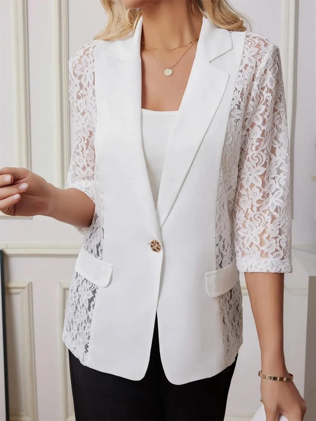 Women's Spring Summer Small Suit Jacket White Lace Patchwork Business Casual Lapel Button Blazer Coat