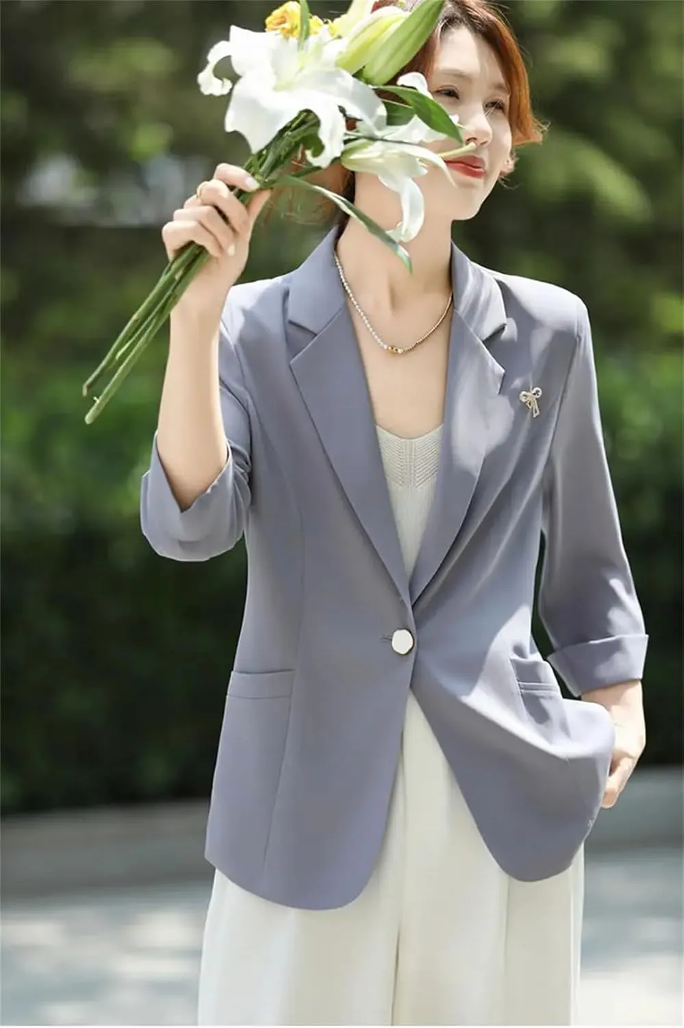 Women's Spring Summer Thin 3/4 Sleeve Blazer Breathable Solid Color Loose Casual Suit Jacket