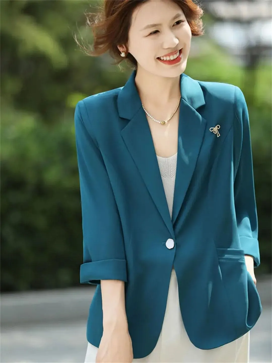 Women's Spring Summer Thin 3/4 Sleeve Blazer Breathable Solid Color Loose Casual Suit Jacket