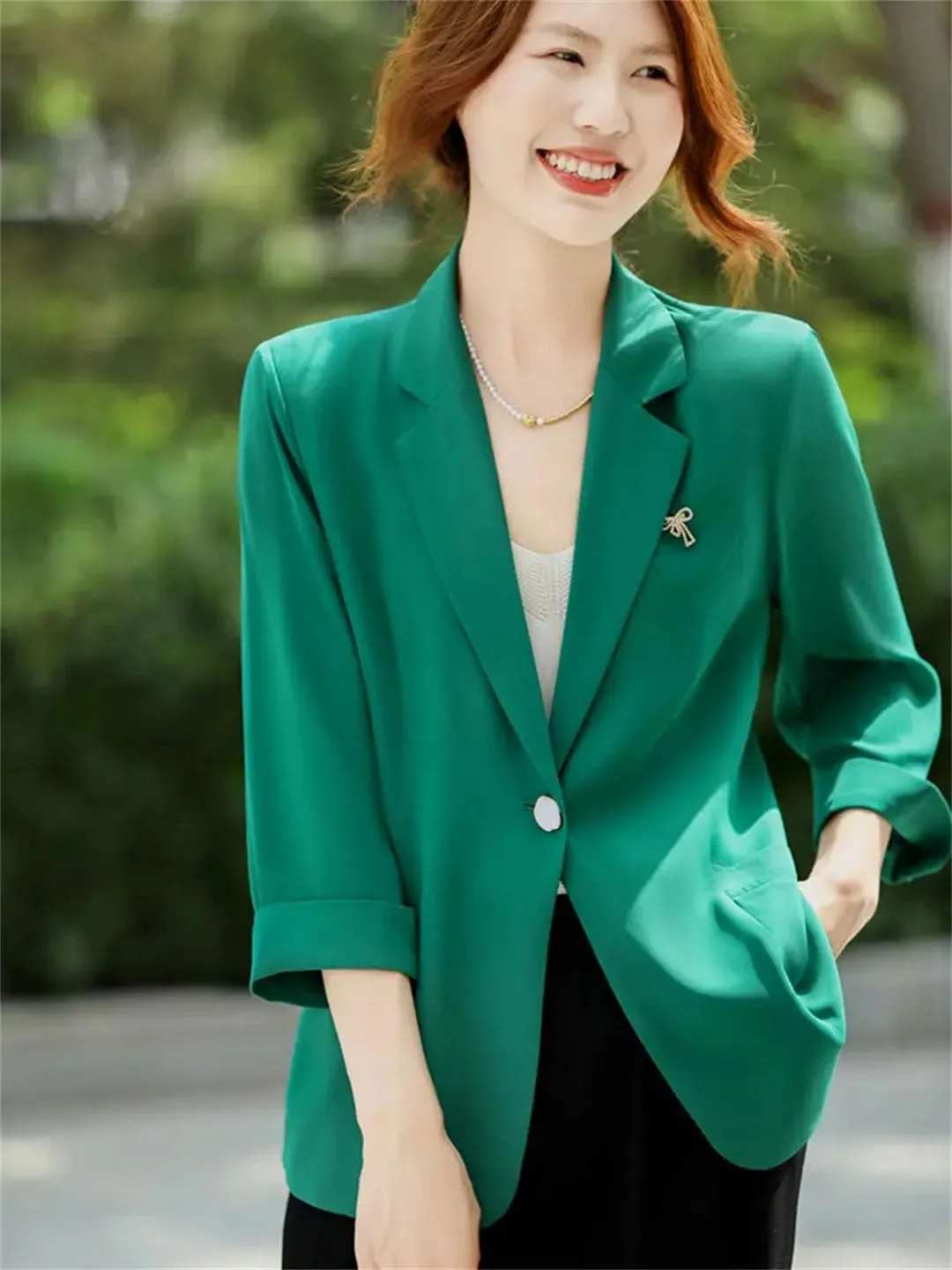 Women's Spring Summer Thin 3/4 Sleeve Blazer Breathable Solid Color Loose Casual Suit Jacket