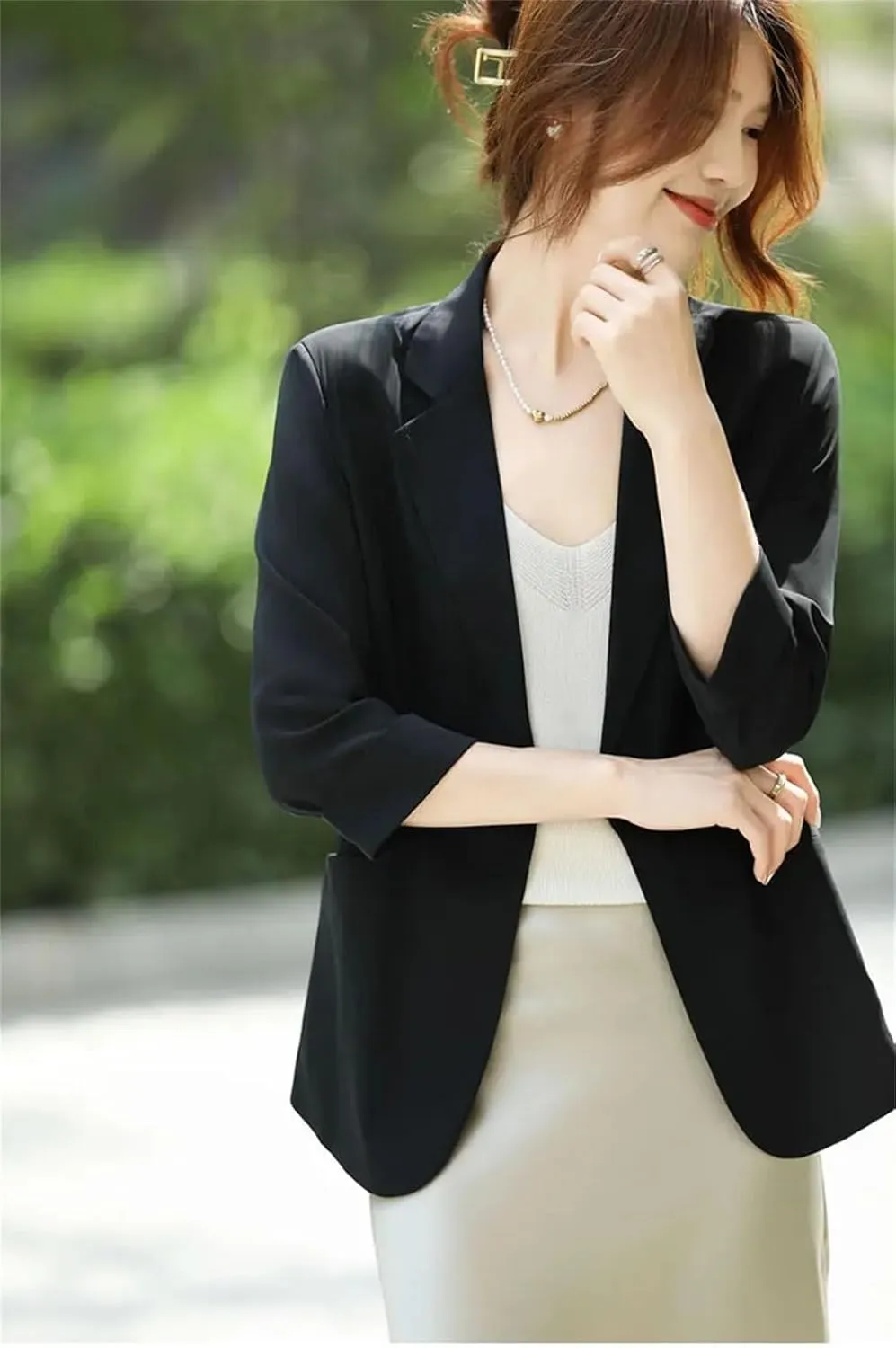 Women's Spring Summer Thin 3/4 Sleeve Blazer Breathable Solid Color Loose Casual Suit Jacket