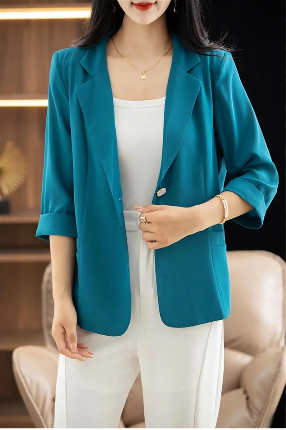 Women's Spring Summer Thin Loose Small Blazer 3/4 Sleeve Casual Suit Coat