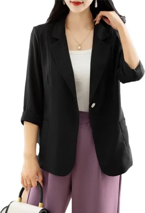 Women's Spring Summer Thin Loose Small Blazer 3/4 Sleeve Casual Suit Coat