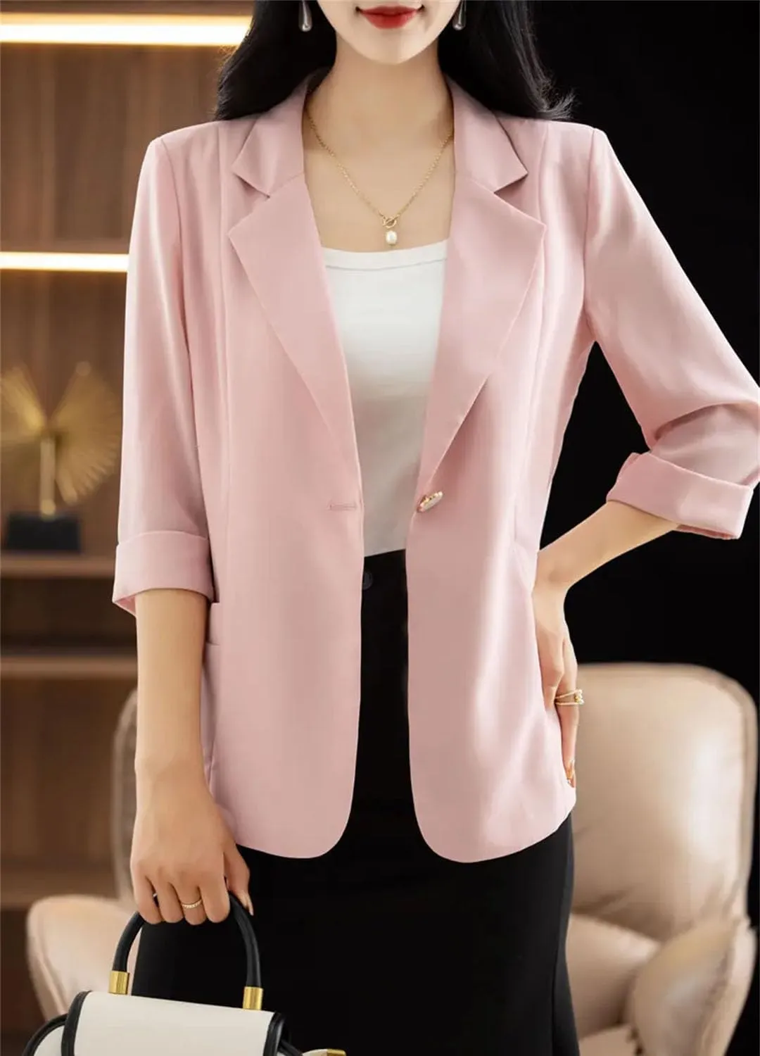 Women's Spring Summer Thin Loose Small Blazer 3/4 Sleeve Casual Suit Coat