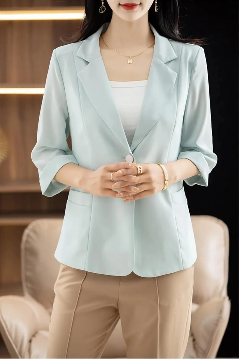 Women's Spring Summer Thin Loose Small Blazer 3/4 Sleeve Casual Suit Coat