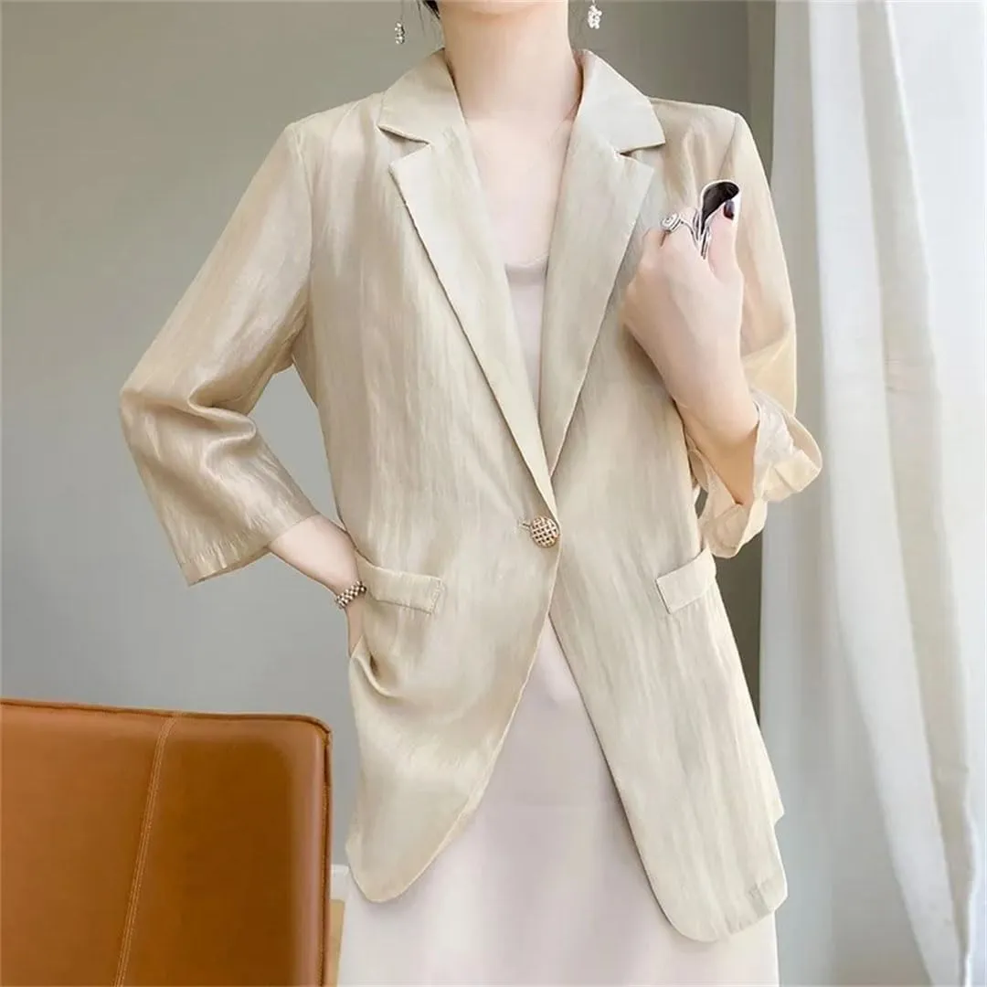 Women's Spring Summer Thin Silk Blazer Mid-Length 3/4 Sleeve Suit Jacket Outerwear Coat