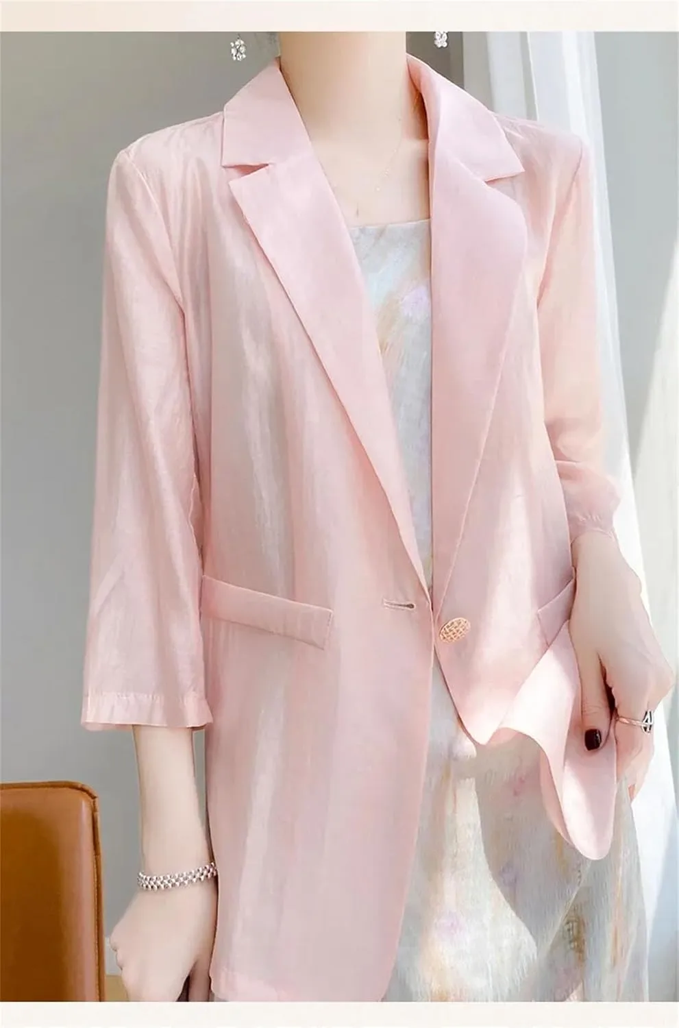 Women's Spring Summer Thin Silk Blazer Mid-Length 3/4 Sleeve Suit Jacket Outerwear Coat