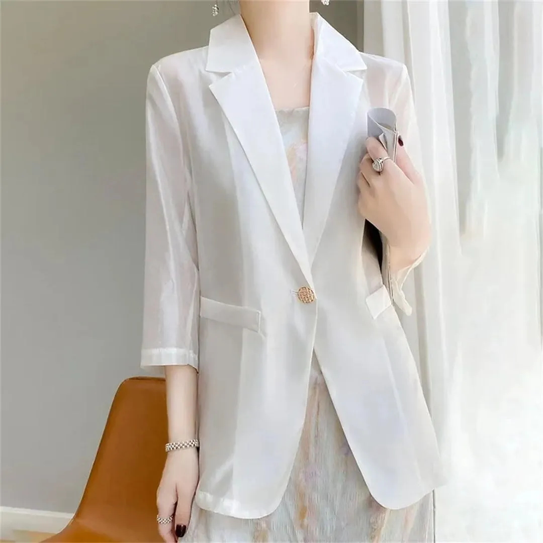 Women's Spring Summer Thin Silk Blazer Mid-Length 3/4 Sleeve Suit Jacket Outerwear Coat