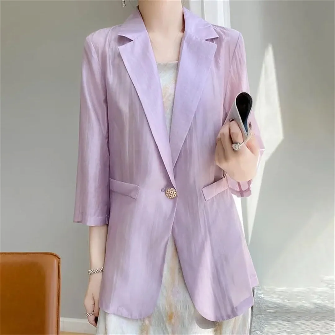 Women's Spring Summer Thin Silk Blazer Mid-Length 3/4 Sleeve Suit Jacket Outerwear Coat
