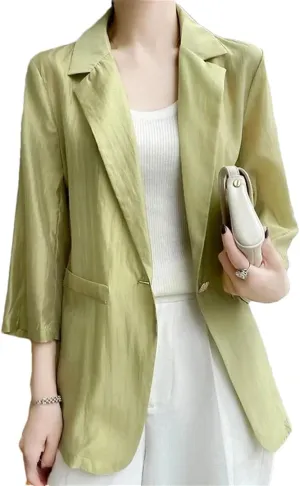 Women's Spring Summer Thin Silk Blazer Mid-Length 3/4 Sleeve Suit Jacket Outerwear Coat