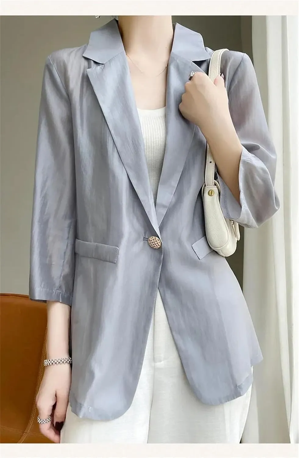 Women's Spring Summer Thin Silk Blazer Mid-Length 3/4 Sleeve Suit Jacket Outerwear Coat