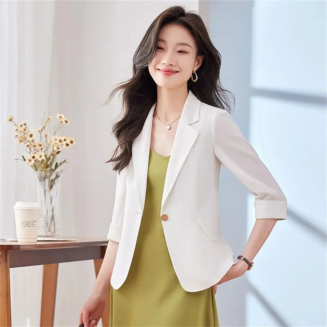 Women's Spring Summer Thin Slim Half Sleeve Suit Jacket Office Lady 3/4 Sleeve Blazer