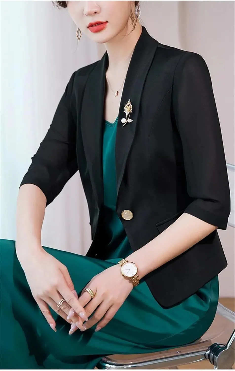 Women's Spring Summer Thin Suit Coat Solid Color Half Sleeve Blazer Jacket