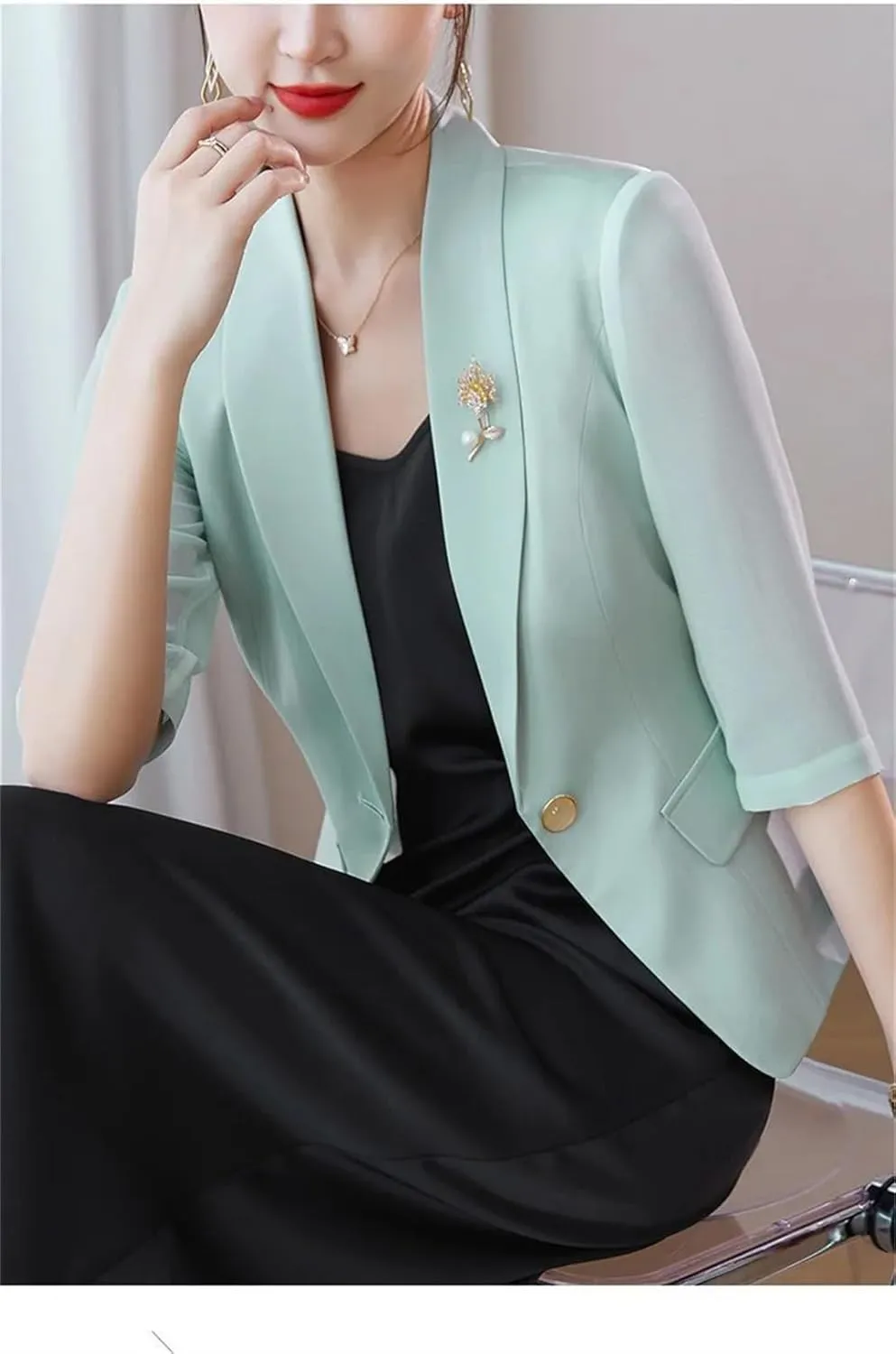 Women's Spring Summer Thin Suit Coat Solid Color Half Sleeve Blazer Jacket